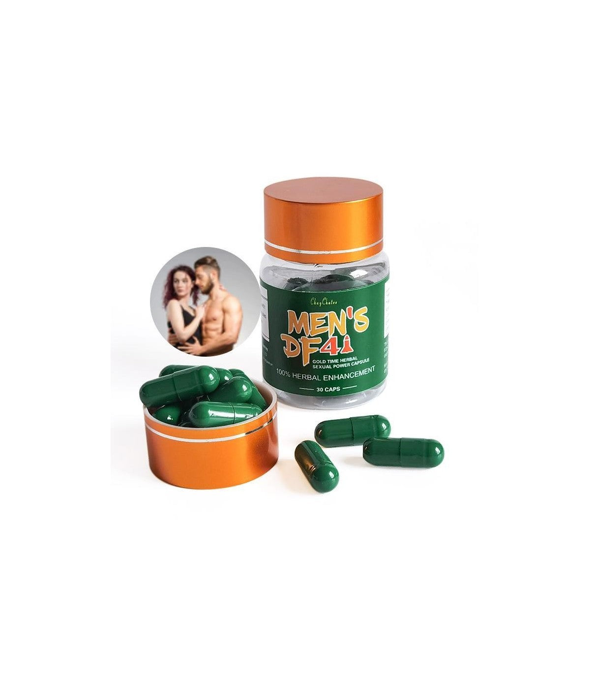 Bottle of Men's DF41 supplement with capsules on a white background