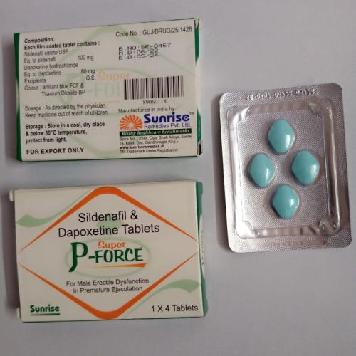 Super P-Force medication packaging with blue tablets on a white background